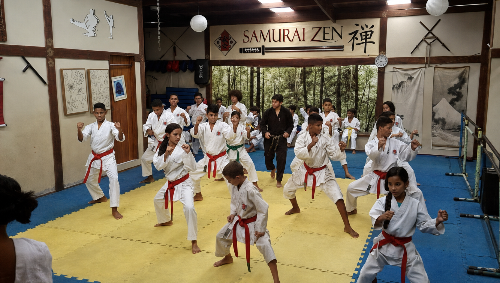 Crianças praticando karatê no Instituto Samurai Zen